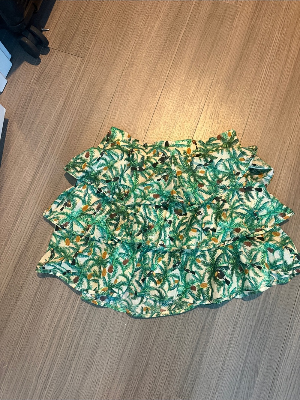 FARM Rio Green Palm-Print Ruffled Tier Mini Skirt